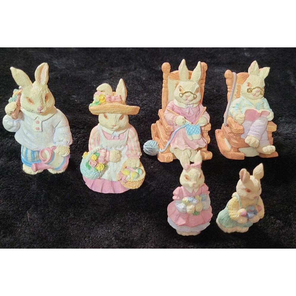 Set Of 6 Bunny Figurine Easter Decor Family Country Bunnies Figurines